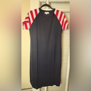 Navy Dress with Red and White Striped Sleeves-Large